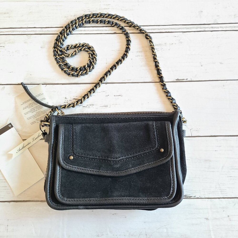 MNG Mango Black Suede Crossbody Bag Leather Chain Strap Small